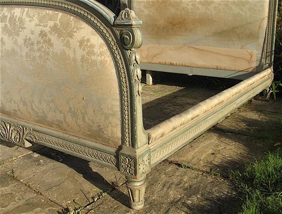 An early 20th century French painted upholstered double bed frame (King size) W.160cm